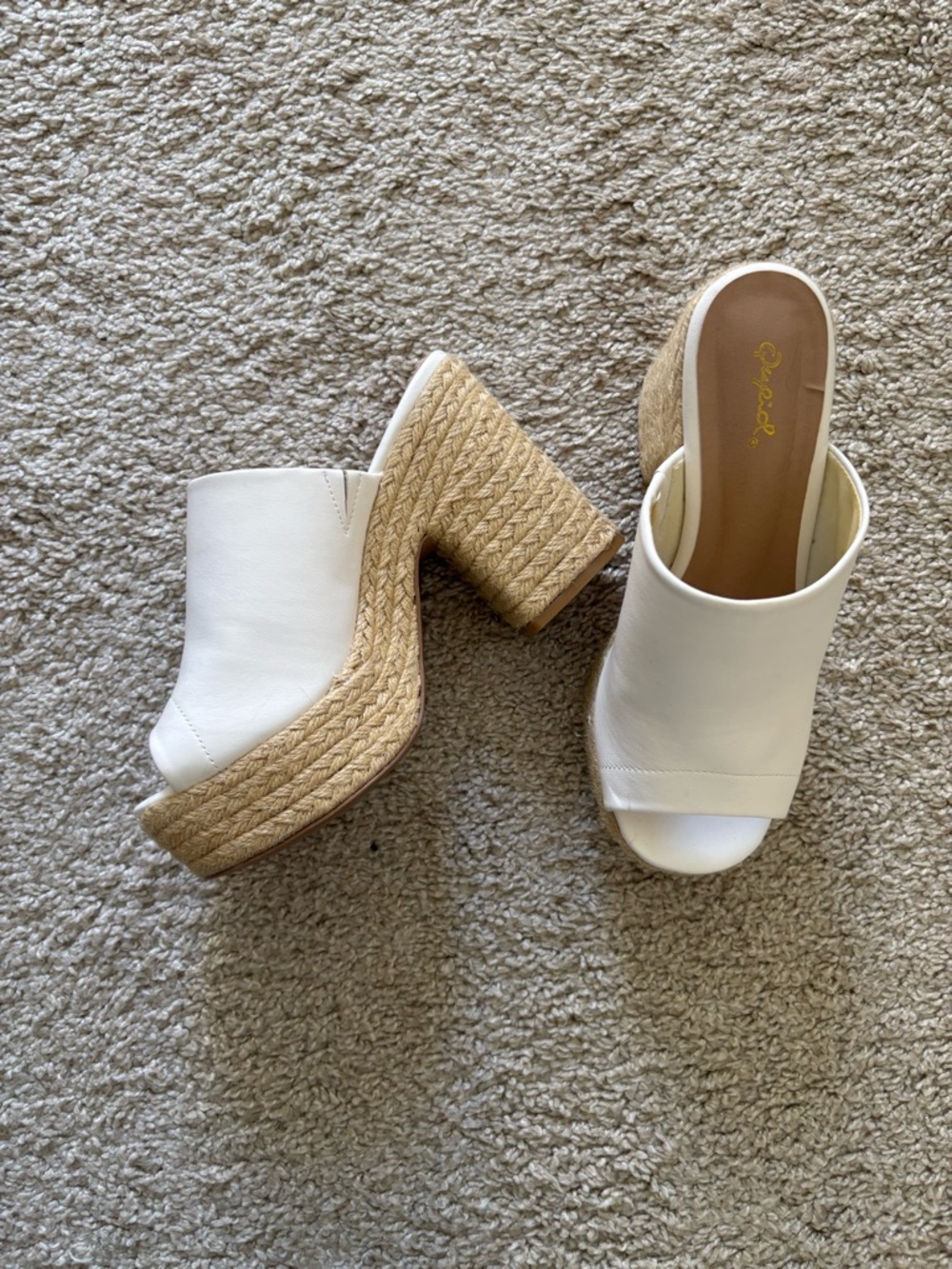 Qupid White Leather Espadrille Platform Mules
